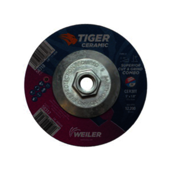 Tiger 58318 Combination Long Life Performance Line Superior Life and Cut Depressed Center Combo Wheel, 5 in Dia x 1/8 in THK, 30 Grit, Ceramic Alumina Abrasive