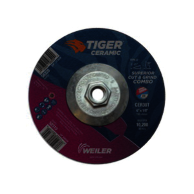 Tiger 58320 Combination Long Life Performance Line Superior Life and Cut Depressed Center Combo Wheel, 6 in Dia x 1/8 in THK, 30 Grit, Ceramic Alumina Abrasive
