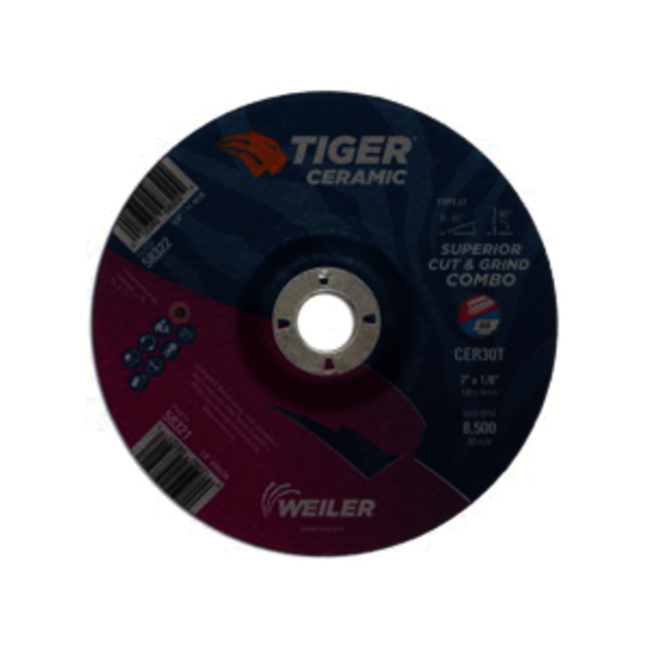 Tiger 58321 Combination Long Life Performance Line Superior Life and Cut Depressed Center Combo Wheel, 7 in Dia x 1/8 in THK, 7/8 in Center Hole, 30 Grit, Ceramic Alumina Abrasive