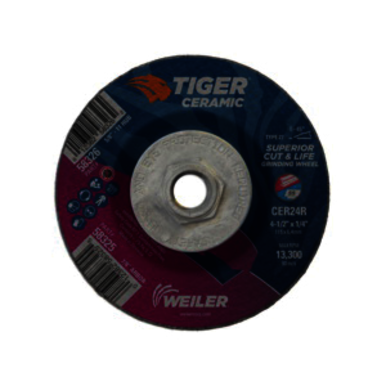 Tiger 58326 Performance Line Superior Life and Cut Depressed Center Grinding Wheel, 4-1/2 in Dia x 1/4 in THK, 24 Grit, Ceramic Alumina Abrasive
