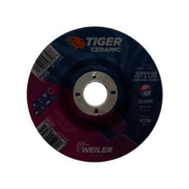 Tiger 58327 Performance Line Superior Life and Cut Depressed Center Grinding Wheel, 5 in Dia x 1/4 in THK, 7/8 in Center Hole, 24 Grit, Ceramic Alumina Abrasive
