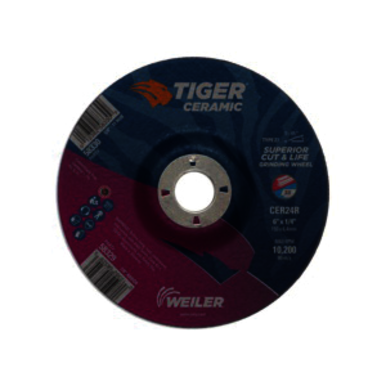 Tiger 58329 Performance Line Superior Life and Cut Depressed Center Grinding Wheel, 6 in Dia x 1/4 in THK, 7/8 in Center Hole, 24 Grit, Ceramic Alumina Abrasive