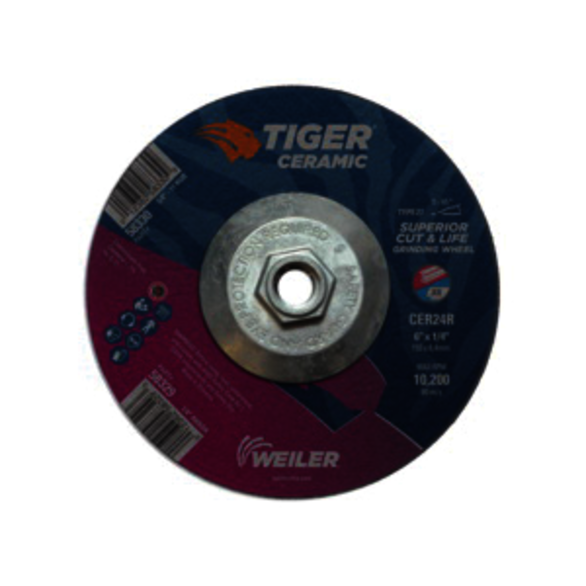 Tiger 58330 Performance Line Superior Life and Cut Depressed Center Grinding Wheel, 6 in Dia x 1/4 in THK, 24 Grit, Ceramic Alumina Abrasive