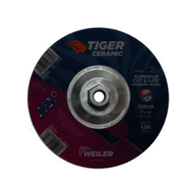Tiger 58332 Performance Line Superior Life and Cut Depressed Center Grinding Wheel, 7 in Dia x 1/4 in THK, 24 Grit, Ceramic Alumina Abrasive