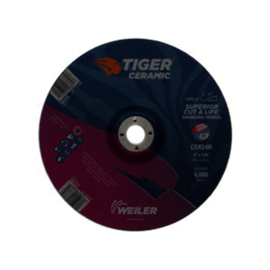 Tiger 58333 Performance Line Superior Life and Cut Depressed Center Grinding Wheel, 9 in Dia x 1/4 in THK, 7/8 in Center Hole, 24 Grit, Ceramic Alumina Abrasive
