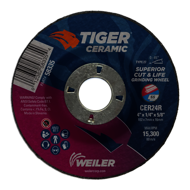 Tiger 58335 Maximum Performance Grinding Wheel, 4 in Dia x 1/4 in THK, 5/8-11 UNC Center Hole, 24 Grit, Ceramic Abrasive