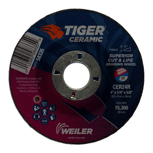 Tiger 58335 Maximum Performance Grinding Wheel, 4 in Dia x 1/4 in THK, 5/8-11 UNC Center Hole, 24 Grit, Ceramic Abrasive