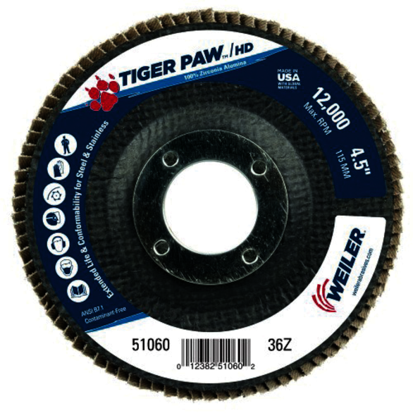 Tiger Paw 51060 Performance Super High Density Abrasive Flap Disc, 4-1/2 in Dia Disc, 7/8 in Center Hole, 36 Grit, Zirconia Alumina Abrasive, Type 29/Angled Disc