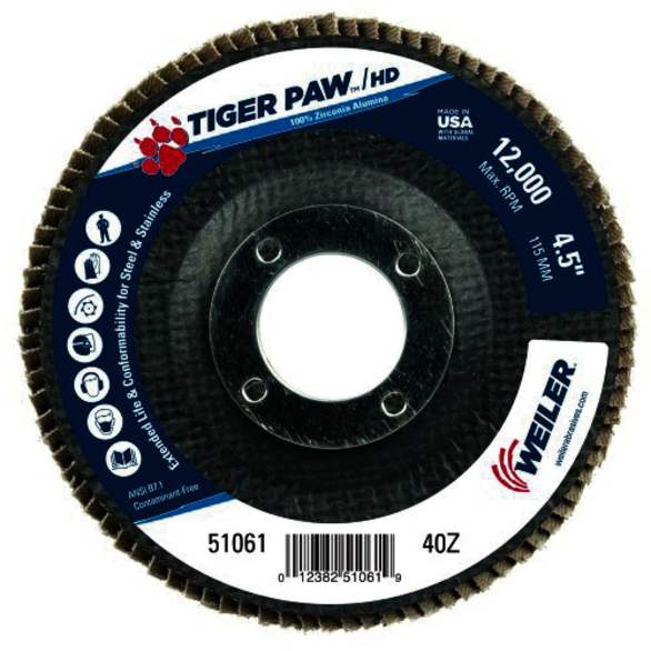 Tiger Paw 51061 Performance Super High Density Abrasive Flap Disc, 4-1/2 in Dia Disc, 7/8 in Center Hole, 40 Grit, Coarse Grade, Zirconia Alumina Abrasive, Type 29/Angled Disc