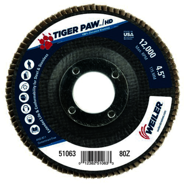 Tiger Paw 51063 Performance Super High Density Abrasive Flap Disc, 4-1/2 in Dia Disc, 7/8 in Center Hole, 80 Grit, Medium Coarse Grade, Zirconia Alumina Abrasive, Type 29/Angled Disc
