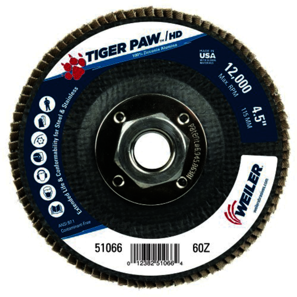 Tiger Paw 51066 Performance Super High Density Abrasive Flap Disc, 4-1/2 in Dia Disc, 60 Grit, Coarse Grade, Zirconia Alumina Abrasive, Type 29/Angled Disc