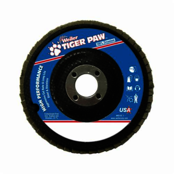 Tiger Paw 51104 High Performance Coated Abrasive Flap Disc, 4 in Dia, 5/8 in Center Hole, 40 Grit, Coarse Grade, Zirconia Alumina Abrasive, Type 29/Angled Disc