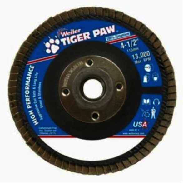 Tiger Paw 51125V High Performance Vending Ready Coated Abrasive Flap Disc, 4-1/2 in Dia, 60 Grit, Medium Grade, Zirconia Alumina Abrasive, Type 29/Angled Disc