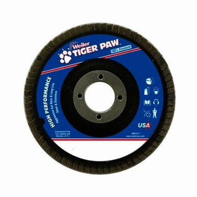 Tiger Paw 51129 High Performance Coated Abrasive Flap Disc, 5 in Dia, 7/8 in Center Hole, 40 Grit, Coarse Grade, Zirconia Alumina Abrasive, Type 29/Angled Disc