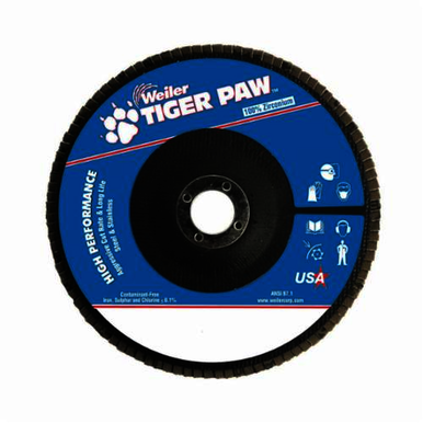 Tiger Paw 51171 Super High Density High Performance Coated Abrasive Flap Disc, 7 in Dia, 7/8 in Center Hole, 60 Grit, Medium Grade, Zirconia Alumina Abrasive, Type 27/Flat Disc