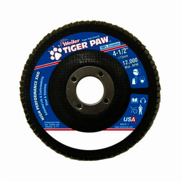 Tiger Paw 51162 Super High Density High Performance Coated Abrasive Flap Disc, 4-1/2 in Dia, 7/8 in Center Hole, 60 Grit, Medium Grade, Zirconia Alumina Abrasive, Type 27/Flat Disc