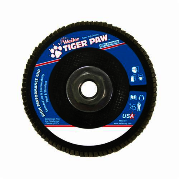 Tiger Paw 51166 Super High Density High Performance Coated Abrasive Flap Disc, 4-1/2 in Dia, 60 Grit, Medium Grade, Zirconia Alumina Abrasive, Type 27/Flat Disc