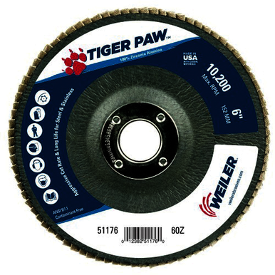 Tiger Paw 51176 Performance Abrasive Flap Disc, 6 in Dia Disc, 7/8 in Center Hole, 60 Grit, Coarse Grade, Zirconia Alumina Abrasive, Type 29/Angled Disc