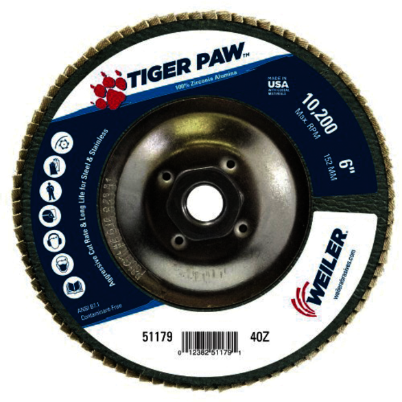 Tiger Paw 51179 Performance Abrasive Flap Disc, 6 in Dia Disc, 40 Grit, Coarse Grade, Zirconia Alumina Abrasive, Type 29/Angled Disc