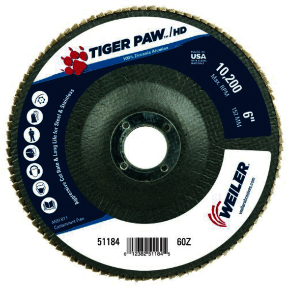 Tiger Paw 51184 Performance Super High Density Abrasive Flap Disc, 6 in Dia Disc, 7/8 in Center Hole, 60 Grit, Coarse Grade, Zirconia Alumina Abrasive, Type 27/Flat Disc