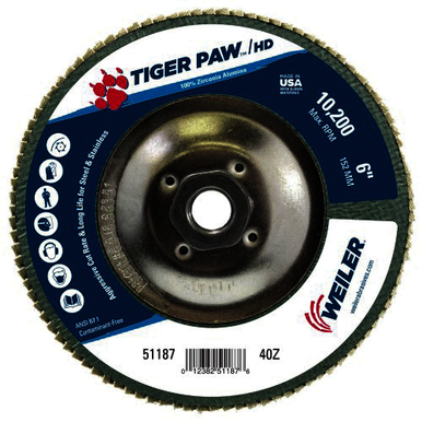 Tiger Paw 51187 Performance Super High Density Abrasive Flap Disc, 6 in Dia Disc, 40 Grit, Coarse Grade, Zirconia Alumina Abrasive, Type 27/Flat Disc