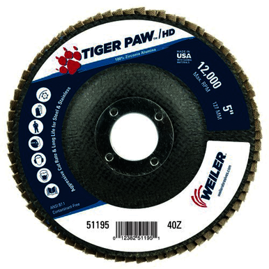 Tiger Paw 51195 Performance Super High Density Abrasive Flap Disc, 5 in Dia Disc, 7/8 in Center Hole, 40 Grit, Coarse Grade, Zirconia Alumina Abrasive, Type 27/Flat Disc