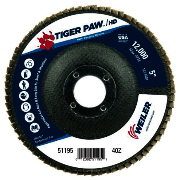 Tiger Paw 51195 Performance Super High Density Abrasive Flap Disc, 5 in Dia Disc, 7/8 in Center Hole, 40 Grit, Coarse Grade, Zirconia Alumina Abrasive, Type 27/Flat Disc