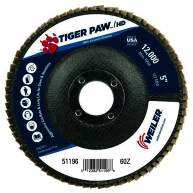 Tiger Paw 51196 Performance Super High Density Abrasive Flap Disc, 5 in Dia Disc, 7/8 in Center Hole, 60 Grit, Coarse Grade, Zirconia Alumina Abrasive, Type 27/Flat Disc