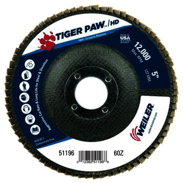 Tiger Paw 51196 Performance Super High Density Abrasive Flap Disc, 5 in Dia Disc, 7/8 in Center Hole, 60 Grit, Coarse Grade, Zirconia Alumina Abrasive, Type 27/Flat Disc