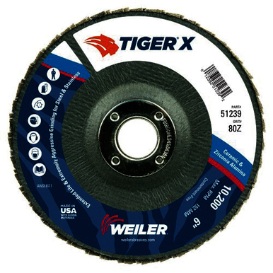 Tiger X 51239 High Performance Abrasive Flap Disc, 6 in Dia Disc, 7/8 in Center Hole, 80 Grit, Medium Coarse Grade, Ceramic/Zirconia Alumina Abrasive, Type 29/Angled Disc