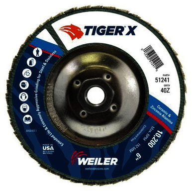 Tiger X 51241 High Performance Abrasive Flap Disc, 6 in Dia Disc, 40 Grit, Coarse Grade, Ceramic/Zirconia Alumina Abrasive, Type 29/Angled Disc