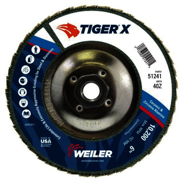 Tiger X 51241 High Performance Abrasive Flap Disc, 6 in Dia Disc, 40 Grit, Coarse Grade, Ceramic/Zirconia Alumina Abrasive, Type 29/Angled Disc