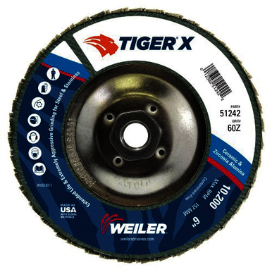 Tiger X 51242 High Performance Abrasive Flap Disc, 6 in Dia Disc, 60 Grit, Coarse Grade, Ceramic/Zirconia Alumina Abrasive, Type 29/Angled Disc