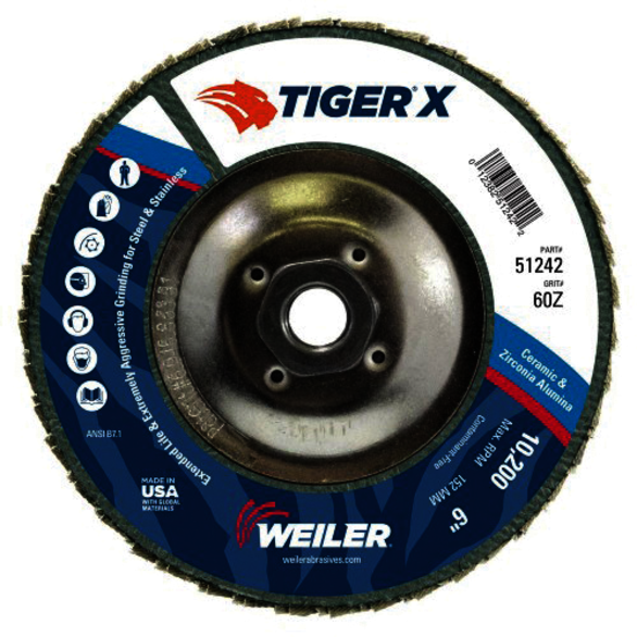 Tiger X 51242 High Performance Abrasive Flap Disc, 6 in Dia Disc, 60 Grit, Coarse Grade, Ceramic/Zirconia Alumina Abrasive, Type 29/Angled Disc