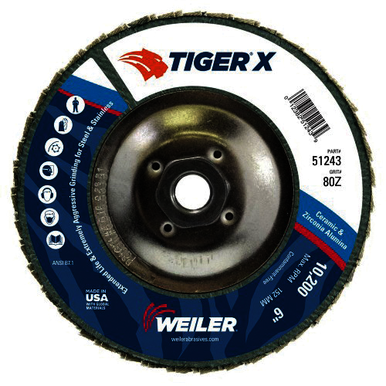 Tiger X 51243 High Performance Abrasive Flap Disc, 6 in Dia Disc, 80 Grit, Medium Coarse Grade, Ceramic/Zirconia Alumina Abrasive, Type 29/Angled Disc