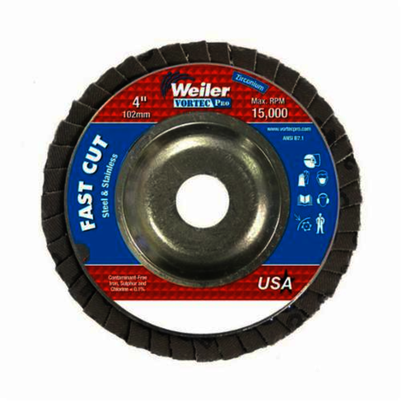 Vortec Pro Wolverine 31339 Fast Cut Coated Abrasive Flap Disc, 4 in Dia, 5/8 in Center Hole, 60 Grit, Medium Grade, Zirconia Alumina Abrasive, Type 29/Angled Disc
