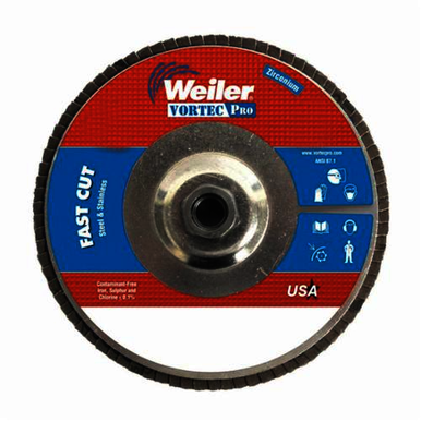Vortec Pro Wolverine 31361 Fast Cut Coated Abrasive Flap Disc, 7 in Dia, 7/8 in Center Hole, 36 Grit, Very Coarse Grade, Zirconia Alumina Abrasive, Type 29/Angled Disc