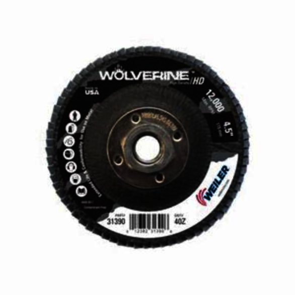 Vortec Pro Wolverine 31390 Fast Cut High Density Coated Abrasive Flap Disc, 4-1/2 in Dia, 40 Grit, Coarse Grade, Zirconia Alumina Abrasive, Type 27/Flat Disc