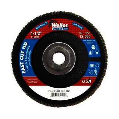 Vortec Pro Wolverine 31391 Fast Cut High Density Coated Abrasive Flap Disc, 4-1/2 in Dia, 60 Grit, Medium Grade, Zirconia Alumina Abrasive, Type 27/Flat Disc