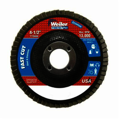 Vortec Pro Wolverine 31404 Fast Cut Coated Abrasive Flap Disc, 4-1/2 in Dia, 7/8 in Center Hole, 80 Grit, Medium Grade, Zirconia Alumina Abrasive, Type 27/Flat Disc