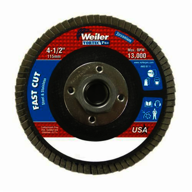 Vortec Pro Wolverine 31410 Fast Cut Coated Abrasive Flap Disc, 4-1/2 in Dia, 80 Grit, Medium Grade, Zirconia Alumina Abrasive, Type 27/Flat Disc