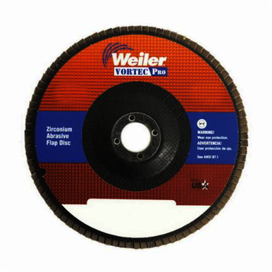 Vortec Pro Wolverine 31415 Fast Cut Coated Abrasive Flap Disc, 7 in Dia, 7/8 in Center Hole, 60 Grit, Medium Grade, Zirconia Alumina Abrasive, Type 27/Flat Disc