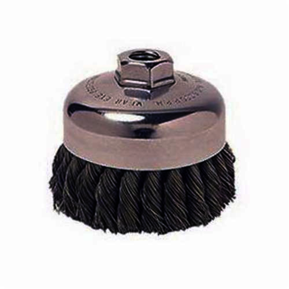Vortec Pro 36244 Single Row Cup Brush, 4 in Dia Brush, 5/8-11 UNC Arbor Hole, 0.025 in Dia Filament/Wire, Standard/Twist Knot, Carbon Steel Fill
