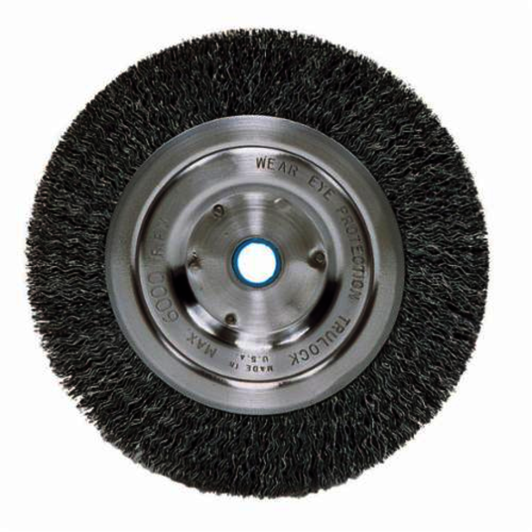 Vortec Pro 36204 Wide Face Wheel Brush, 6 in Dia Brush, 7/8 in W Face, 0.014 in Dia Crimped Filament/Wire, 1/2 to 5/8 in Arbor Hole