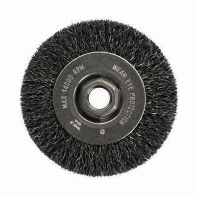 Vortec Pro 36207 Narrow Face Wheel Brush With Nut, 4 in Dia Brush, 0.014 in Dia Crimped Filament/Wire, 5/8-11 Arbor Hole