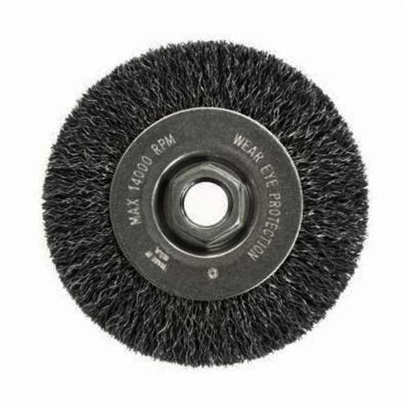 Vortec Pro 36207 Narrow Face Wheel Brush With Nut, 4 in Dia Brush, 0.014 in Dia Crimped Filament/Wire, 5/8-11 Arbor Hole