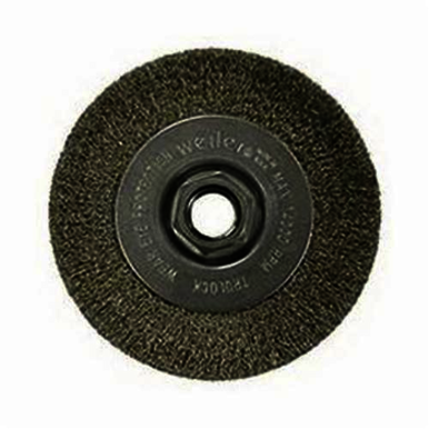 Weiler 00156 Narrow Face Wheel Brush With Nut, 4 in Dia Brush, 1/2 in W Face, 0.006 in Dia Crimped Filament/Wire, 5/8-11 Arbor Hole