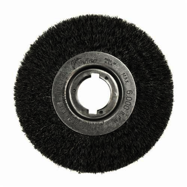 Weiler 01049 Narrow Face Wheel Brush, 6 in Dia Brush, 3/4 in W Face, 0.008 in Dia Crimped Filament/Wire, 1-1/4 in Arbor Hole