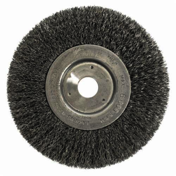 Weiler 01068 Narrow Face Wheel Brush, 6 in Dia Brush, 3/4 in W Face, 0.0118 in Dia Crimped Filament/Wire, 3/4 in Arbor Hole