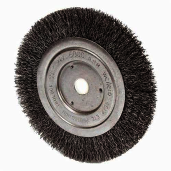 Weiler 08014V Vending Ready Wheel Brush, 3 in Dia Brush, 3/8 in W Face, 0.014 in Dia Standard/Twist Knot Filament/Wire, 1/2 to 3/8 in Arbor Hole